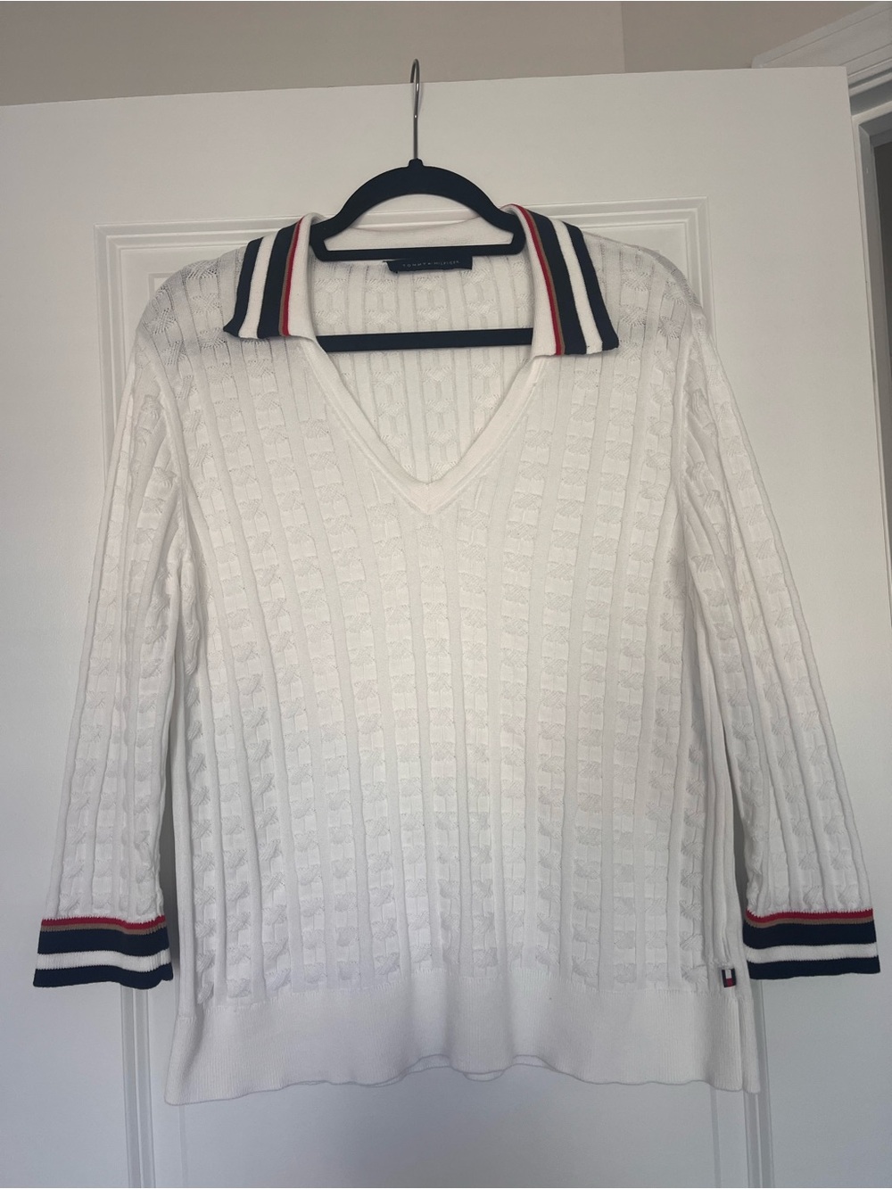 White Cable Knit Polo Sweater with Red & Navy Trim